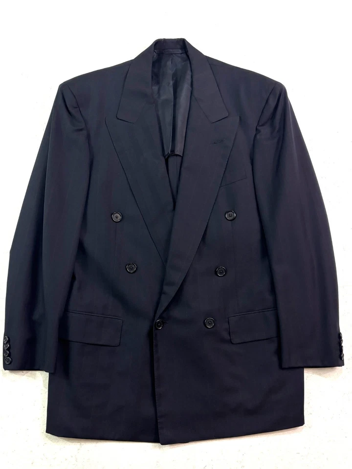 Traje Pantalón De Colección Años 90 Oxxford 38S 40S 34x29 2 Piezas Doble Pecho Azul Marino Tiza Rayas Foto 2 de 4