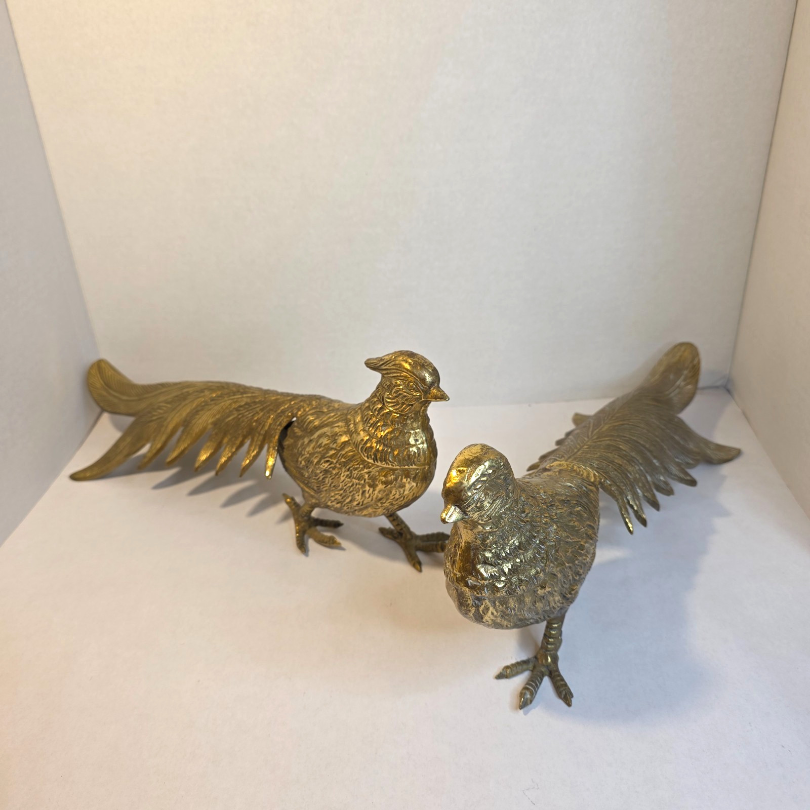 Vintage Brass Pheasants Pair Long Tail Bird Figurines Solid Brass Mid Century