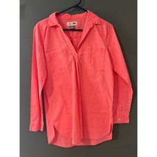 Old Navy Womens Tunic Top M Neon Coral Linen Blend Long Sleeve V-Neck Pocket