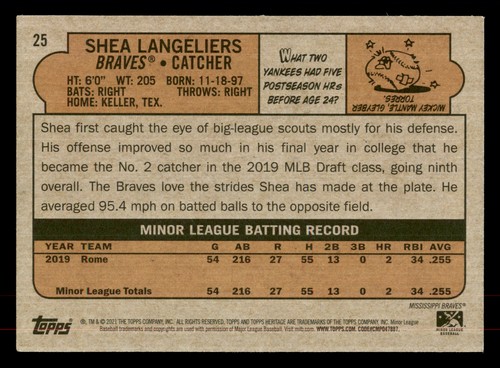 2021 Topps Heritage Minor League #25 Shea Langeliers - Picture 2 of 2