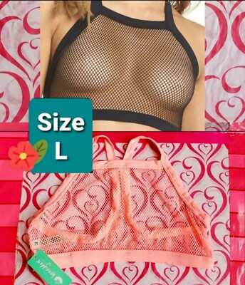 L Sexy Honeydew Intimates Fishnet Bra Cosmic Coral Pink Peach NWT