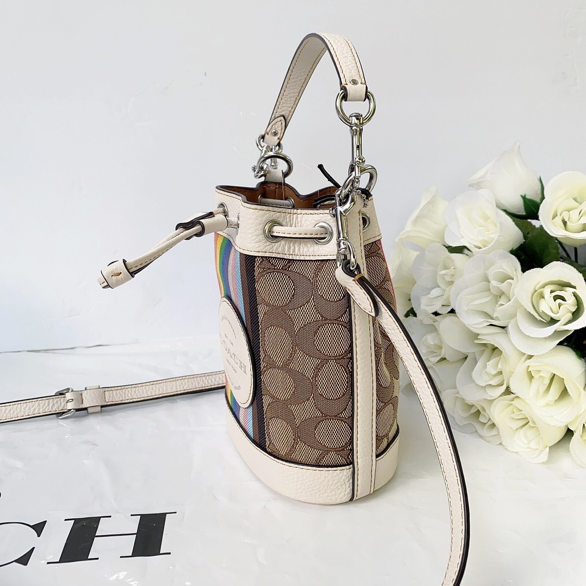 NWT Coach Mini Dempsey Bucket Bag Signature Jacquard Rainbow Cj661 