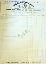 Lyon Co Leominster MA 1917 Billhead Sheet Metal Work & Plumbing Vignette