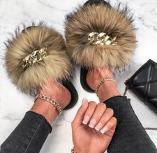 New Women  s Fox Fur Slippers Fluffy Flip Flops Shiny Chain Furry Beach Size 6.5