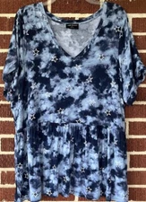 Lane Bryant Blue Tie Dye with Stars Babydoll Knit Stretchy Top Size 18/20
