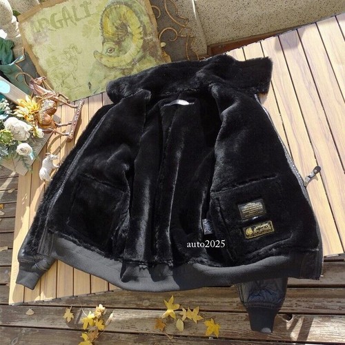Mens Warm Soft Lambskin Lamb Wool Shearling Jacket Retro Flight Coat Horsehide - Picture 17 of 24