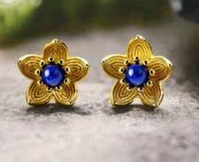 Natural Lapis Gemstone Flower Designer Stud Earrings 925 Sterling Silver