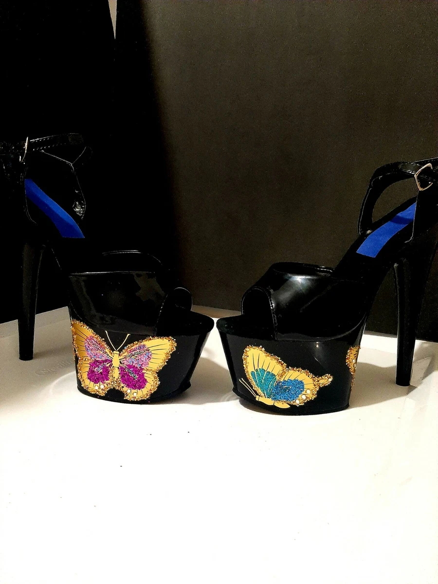 stripper heels Womens 8 Black butterfly rhinestone shoe pole dance 6 1 2