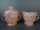 JEANETTE HOLIDAY BUTTONS & BOWS PINK DEPRESSION GLASS SUGAR AND CREAMER SET