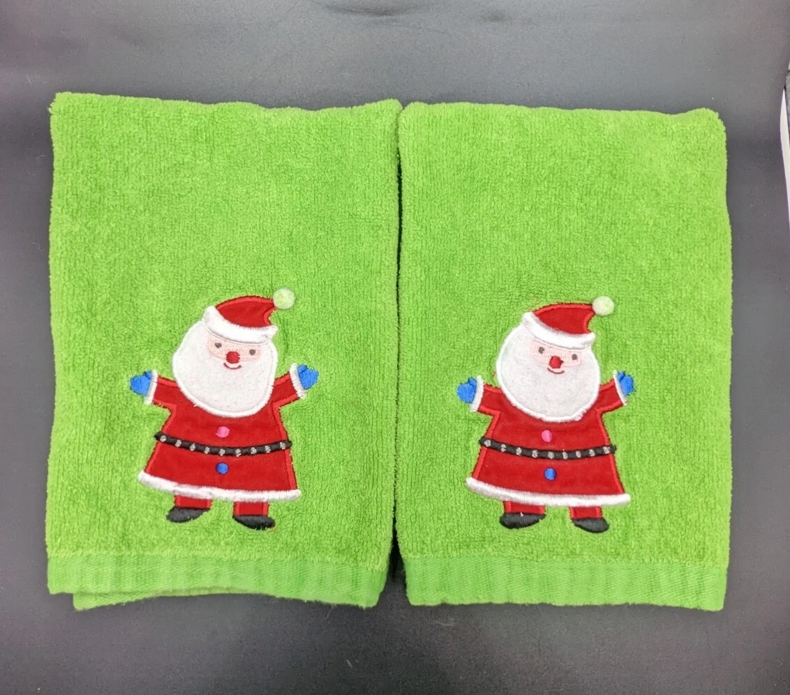 2 Vintage Christmas Santa Embroidered Green Bathroom Kitchen Hand