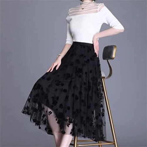 Womens Ladies Elastic High Waist Ruffle Mesh Tulle Tutu Skirt Pleated Long Dress - Picture 4 of 16