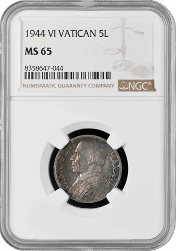 Vatican City 5 lire 1944, NGC MS65, "Pope Pius XII (1939 - 1958)" silver coin