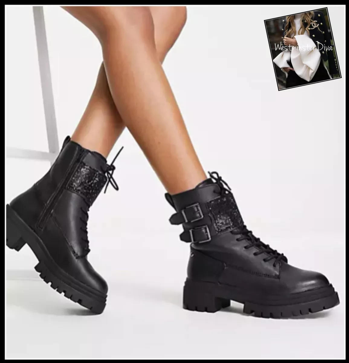 Auth ALDO Black Leather RHINESTONES EMBELLISHED BIKER BOOTS Size