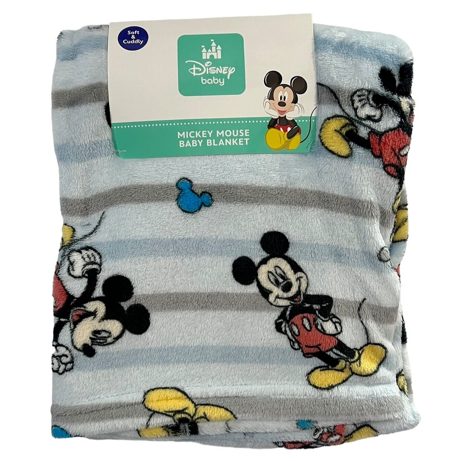 NUEVO Disney Bebé Mickey Mouse Posando Rayas Peluche Bebé Manta Niño Pequeño Azul Gris Foto 4 de 4