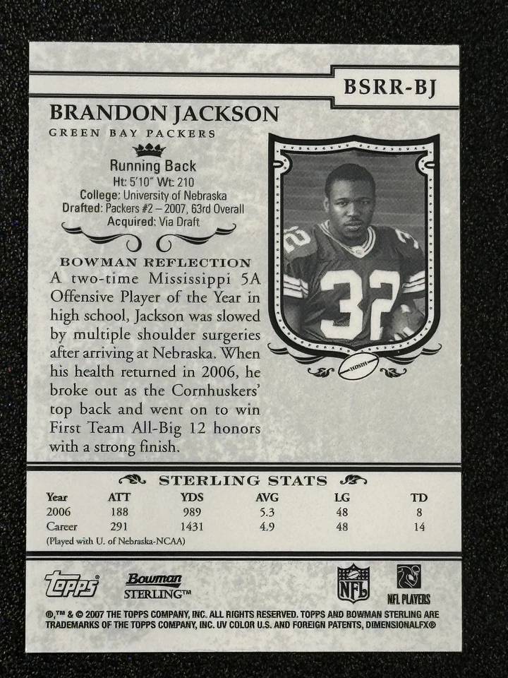 2007 Bowman Sterling #BSRR-BJ Brandon Jackson Jersey RC Rookie Green Bay Packers - Image 2 of 2