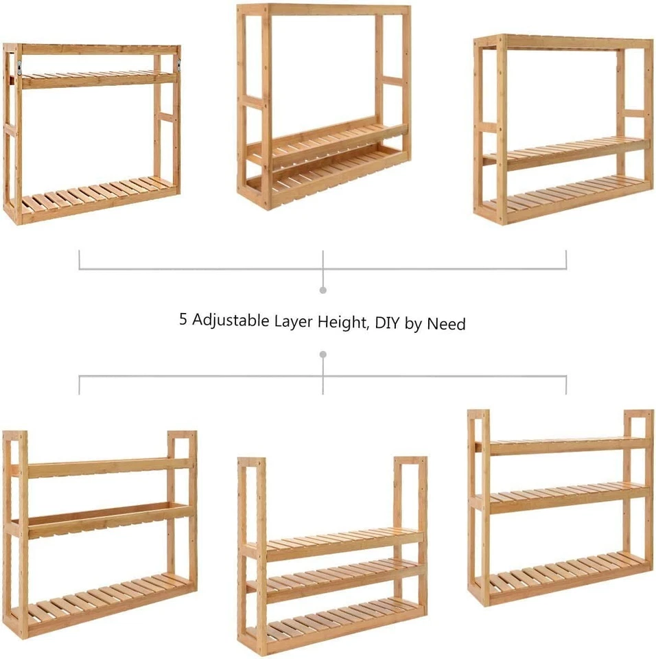 Domax Estante de Baño de Bambú 3 Niveles Montaje en Pared Estante de Almacenamiento Multifuncional Ajustable Foto 2 de 4
