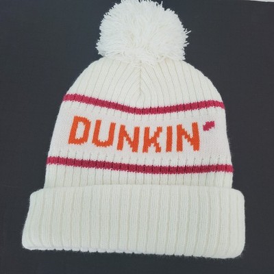 Dunkin  Donuts Coffee White Winter Pom Beanie Cap Hat