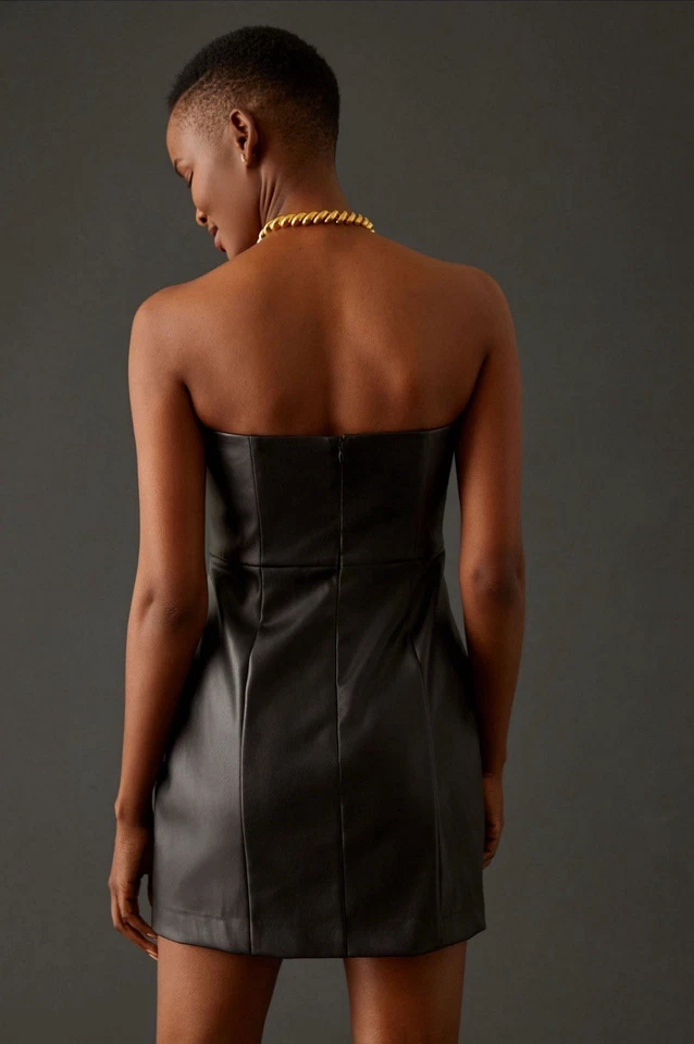 Hutch Anthropologie Size 10 Vegan Leather Strapless Sweetheart Black Mini Dress - Image 4 of 4