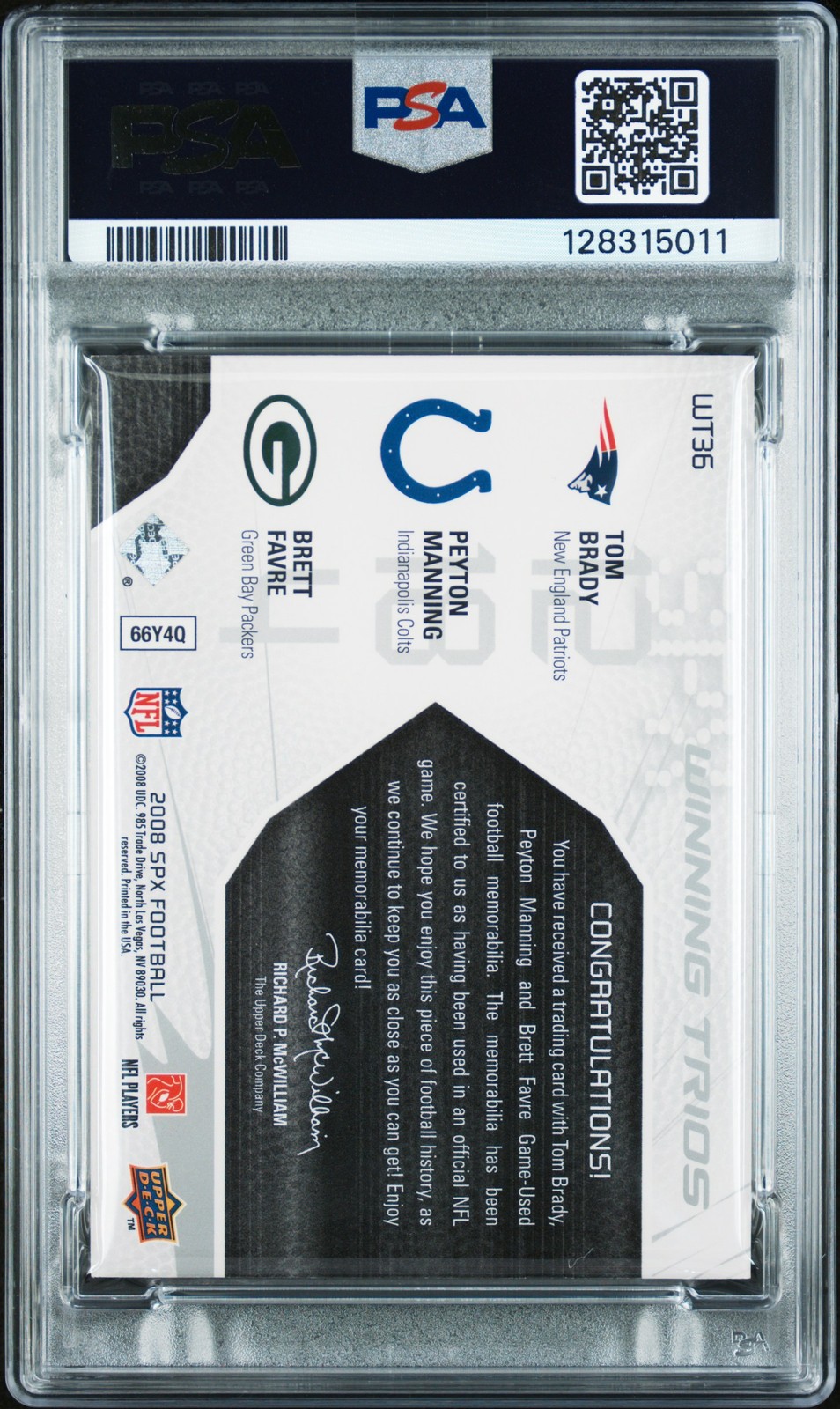 2008 SPX WINNING TRIOS #WT36 BRETT FAVRE PEYTON MANNING TOM BRADY 95/99 PSA 7 view 2