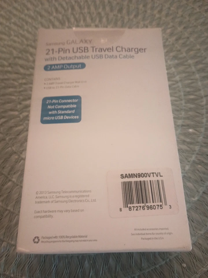 Samsung 21-Pin USB Charger W/ USB Data Cable Galaxy Note 3, SAMN900VTVL - Image 3 of 4