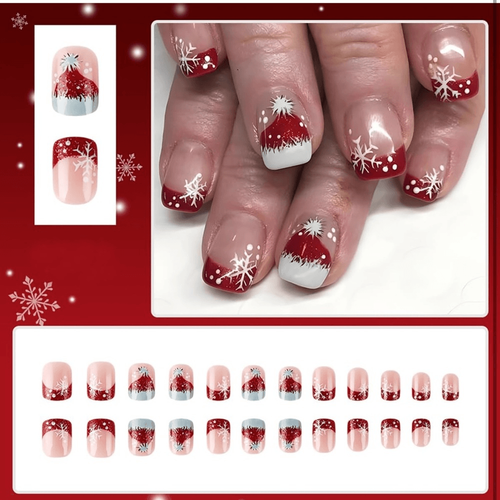 Neu mit Etikett Weihnachten Schneeflocke Press on Nails kurz quadratisch French Tip Nikolausmütze Design - Bild 10 von 11