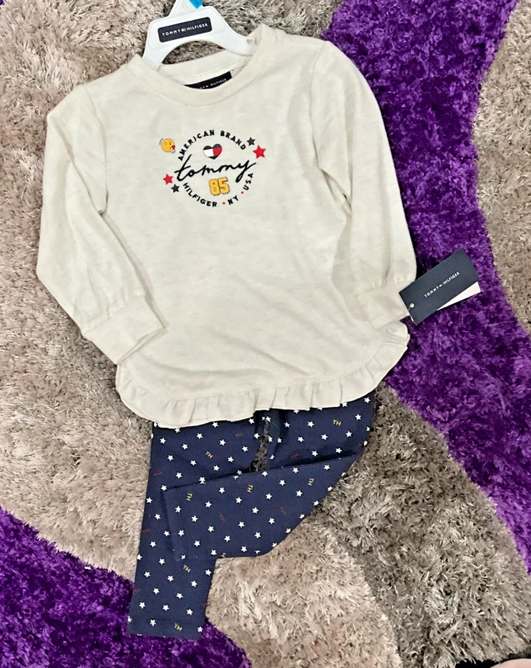 New Girl’s 2pc Cream and Blue  Tommy Hilfiger Top and Pants set  Size 24 months - Image 4 of 4
