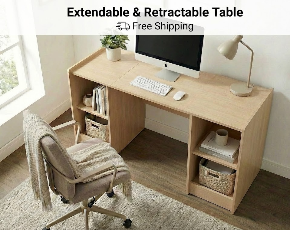 Modern Light Wood Computer Desk with Storage - Built-in Shelves & Cabinet Extend