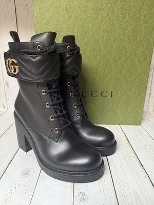 Gucci Calfskin Leather Matelasse GG Marmont Heeled Ankle Boots Black Sz 41 / 11