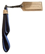 Coach 2 Piece Beige Leather Fob Hang tag Charm Keychain Blue Wristlet Strap