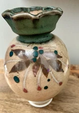 Tonala Mexican Mexico Folk Art Pottery Bud Vase Signed Floral Design 8” Fluted