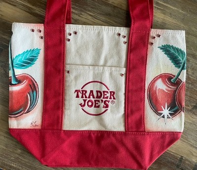 Trader Joe's Red Cherry Canvas Mini Tote Bag Acrylic Hand-Painted New with tags!