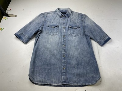 All Saints Suqi HS Shirt Mens Large Denim Pearl Snap Western S/S Allsaints