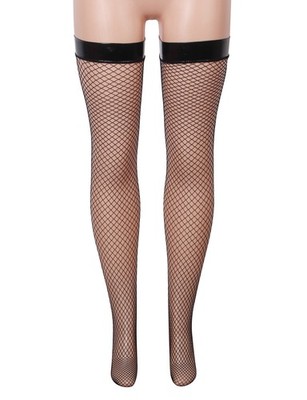 WOW BABE halterlose Netzstrümpfe schwarz Kunstleder Wetlook TopTrim Größe 4XL