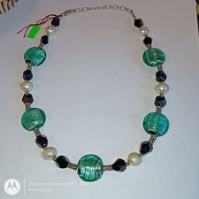 Green Glass Round Beaded Necklace, Cable Chain, Lobster Clasp, Adjustable