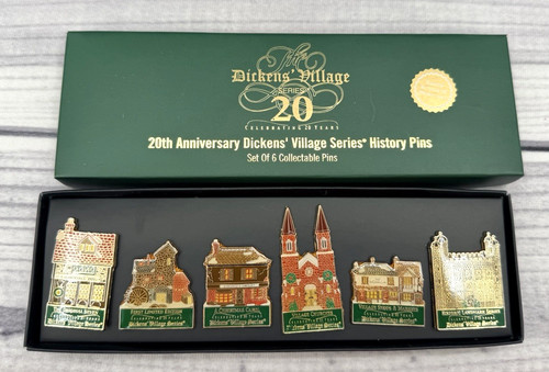DEPT 56 DICKENS VILLAGE 20TH ANNIVERSARY SET OF 6 COLLECTABLE HISTORY PINS