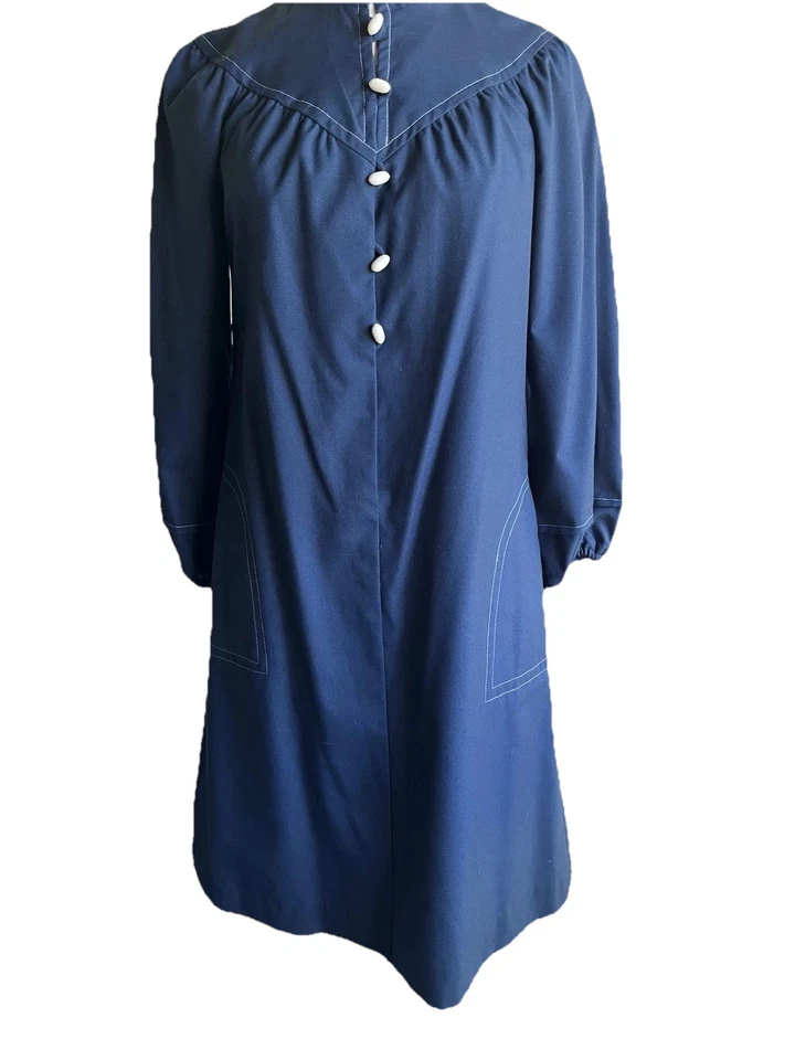 Винтажный 1960-х годов Mod платье Neiman Marcus подпоясанный темно-синий высокий воротник полоски офиса - Изображение 2 из 4