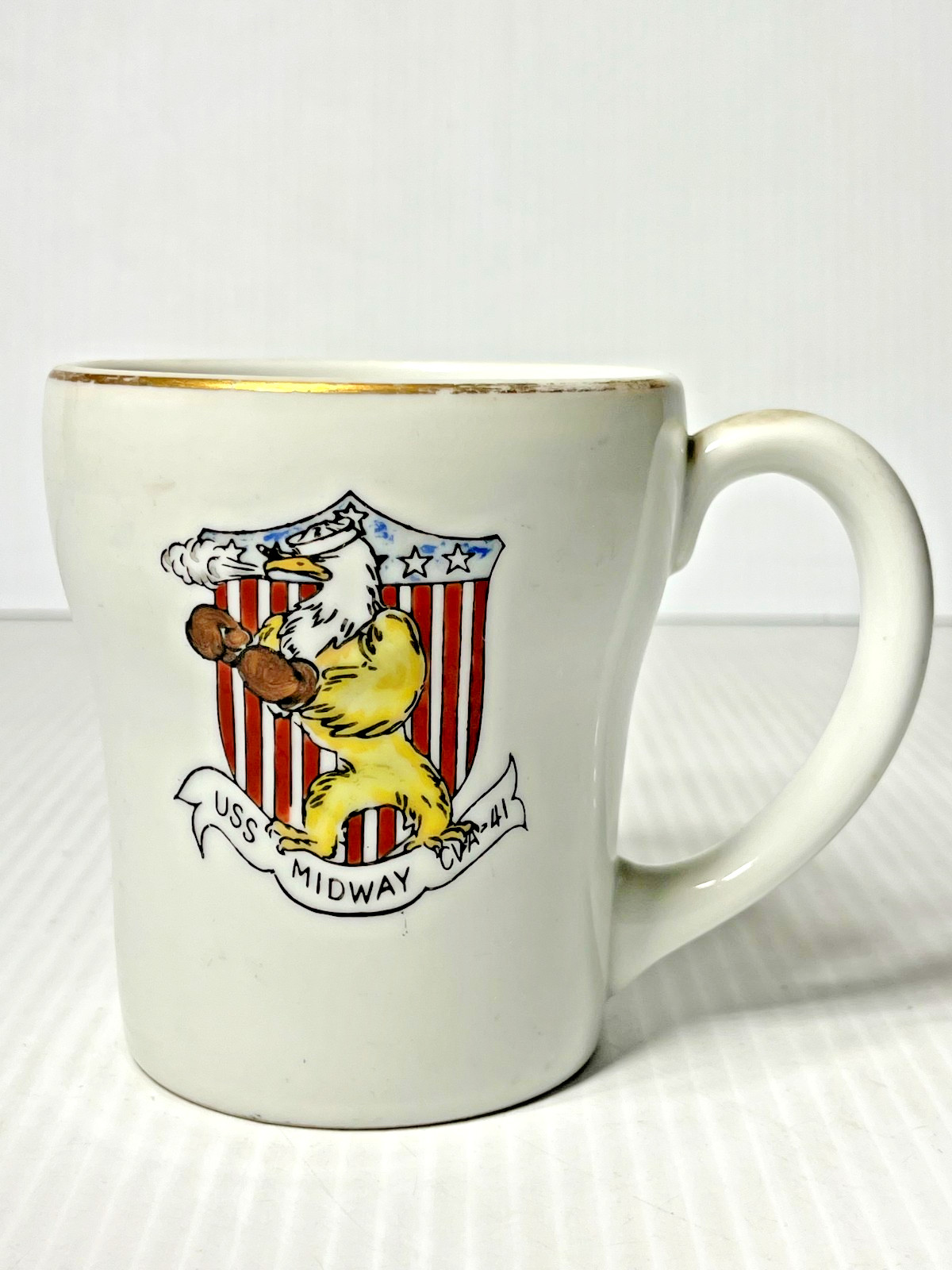 USS Midway CVA-41 Original Coffee Cup Mug Eagle with Boxing Gloves Vintage