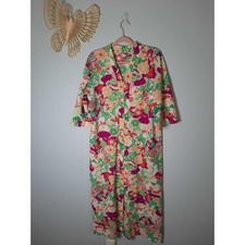 Vintage Floral Maxi Robe Zip Front Housecoat Pink Green Psychedelic Flower Power