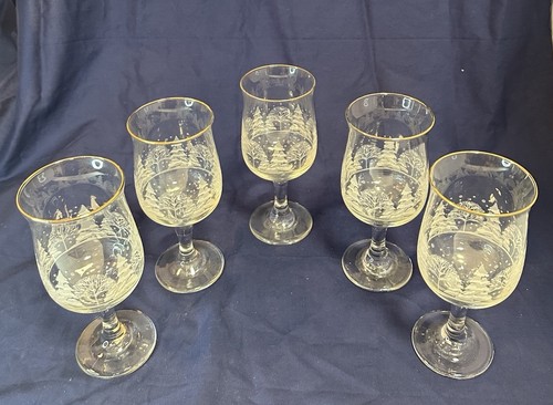 (5) Arby's Winter Scene Goblet Wine Glass Libbey Stem 10 oz Frosted Gold Rim - Picture 2 of 14