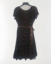 Sandra Darren Midi Dress 10 Brown Black Ruffled Hem Short Sleeve Sheer Lined