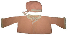 Vtg hand knit baby clothing, pink bonnet  sweater with white trim  ribbon bow