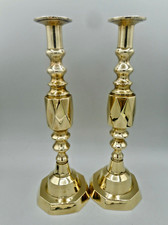 A PAIR OF SUPERB LARGE ANTIQUE BRASS DIAMOND CANDLESTICKS - 12” HIGH