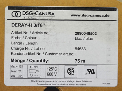 DSG-Canusa DERAY-H 3/16'' blau 4,8 mm x 2,4 mm x 75 m Schrumpfschlauch NEU OVP