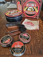 Vintagee Tin Kiwi Shoe Care Kit Decorative Tin/Brushes and Cardboard Box Used