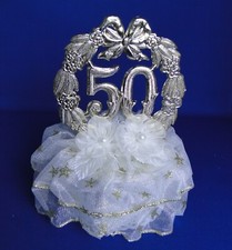 New 50th Wedding Anniversary Cake topper with white gold ruffle tulle lace 52