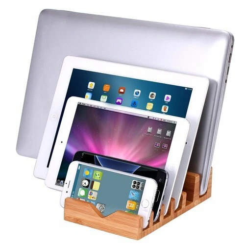 6 Slot Bamboo Charging Station Stand Dock Multi Device Organizer For iPhone iPad - Image 3 of 4