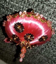 Christmas Ornament Vtg 1960's Satin Velvet Beaded Push Pin Embellished Pink