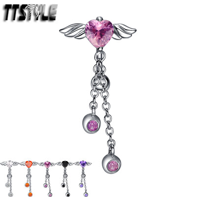 TTstyle Reverse CZ Angel Wing Heart Dangle Belly Button Ring Choose Colour 