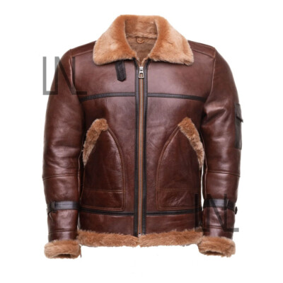 Handmade Brown Men Bomber Sheepskin Shearling Jacket Made To Order