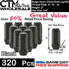 320 PC 2" TALL BLACK 9/16-18 BULGE ACORN LUG NUTS CLOSE END WHOLESALE SAVING